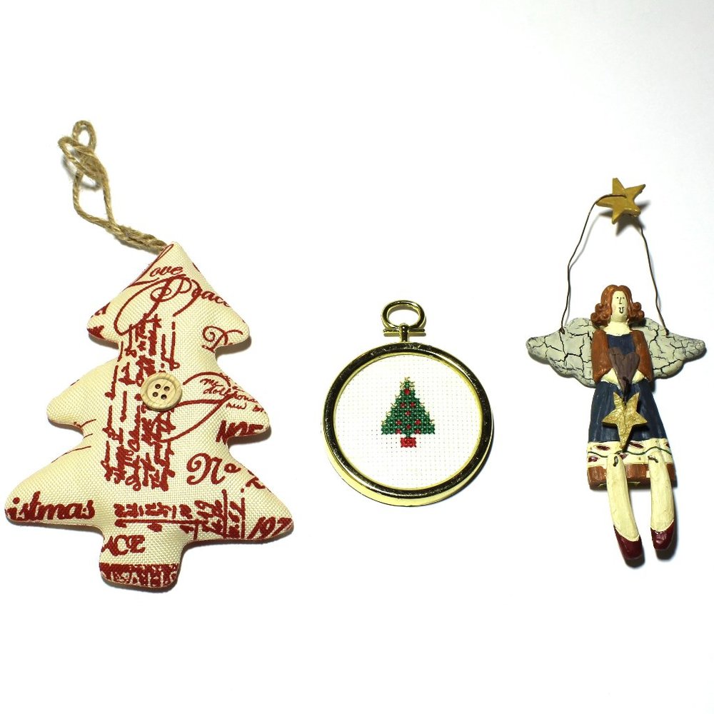 Farmhouse Primitive Rustic Cross Stitch Christmas Ornaments Lot Tree Ang…